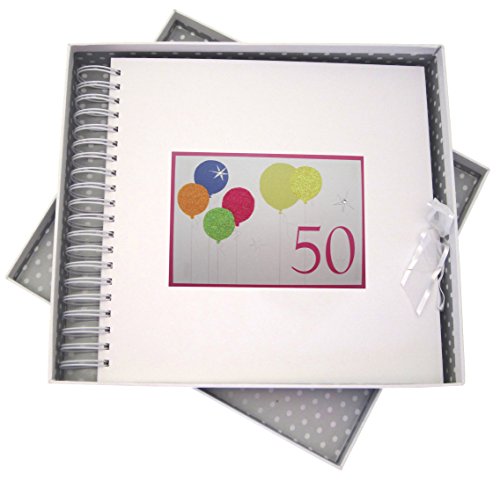 WHITE COTTON CARDS 50. Geburtstag Karte und Erinnerungsbuch mit Neon Glitter Luftballons, weiß von WHITE COTTON CARDS