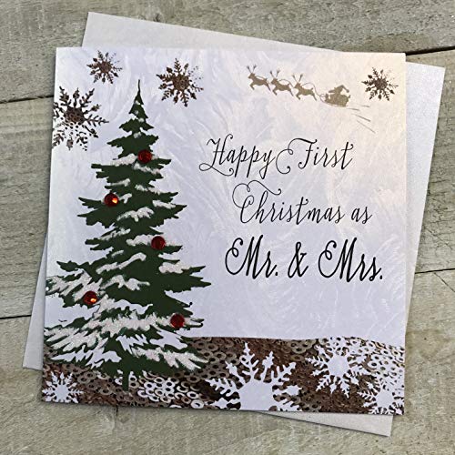 White Cotton Cards F5-1 mm Weihnachtskarte "Happy First Christmas as Mr & Mrs", handgemacht von WHITE COTTON CARDS