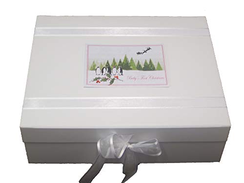 White Cotton Cards XBT3X Aufbewahrungsbox für Erinnerungsstücke, Motiv fliegender Weihnachtsmann und süße Pinguine, groß von WHITE COTTON CARDS