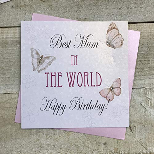 white cotton cards Geburtstagskarte mit Aufschrift Best Mum in The World Happy Birthday, handgefertigt, Vintage-Design mit Schmetterlingen von WHITE COTTON CARDS