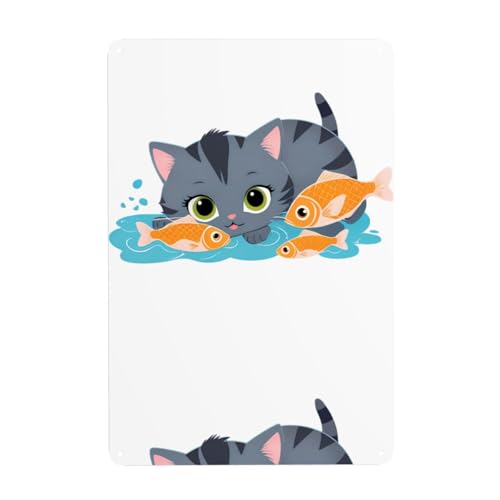 WHJDPP Dekoratives Gemälde mit Kätzchen, das Fische liebt, 20,3 x 30,5 cm, aus Weißblech, verschleißfest und langlebig von WHJDPP