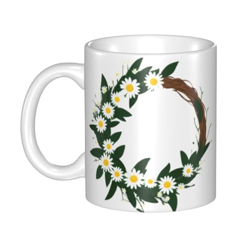 WHJDPP Keramikbecher mit Gänseblümchenkranz, für Cappuccino, Latte, Müsli, Joghurt, Milch, heiße oder kalte Getränke, Mikrowellenofen von WHJDPP