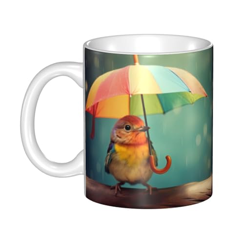 WHJDPP Keramikbecher mit Vogel unter dem Regenbogenschirm, für Cappuccino, Latte, Müsli, Joghurt, Milch, heiße oder kalte Getränke, Mikrowellenofen von WHJDPP