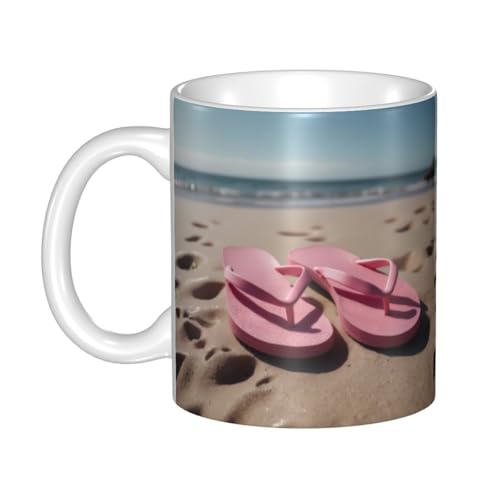 WHJDPP Keramikbecher mit pinkem Flip-Flops am Strand, für Cappuccino, Latte, Müsli, Joghurt, Milch, heiße oder kalte Getränke, Mikrowellenofen von WHJDPP