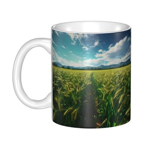WHJDPP Keramikbecher mit üppigem grünen Weizenfeldern, für Cappuccino, Latte, Müsli, Joghurt, Milch, heiße oder kalte Getränke, Mikrowellenofen von WHJDPP