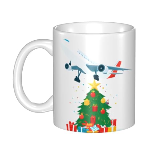 WHJDPP Keramiktasse mit Flugzeug auf Weihnachtsbaum, für Cappuccino, Latte, Müsli, Joghurt, Milch, heiße oder kalte Getränke, Mikrowellenofen von WHJDPP