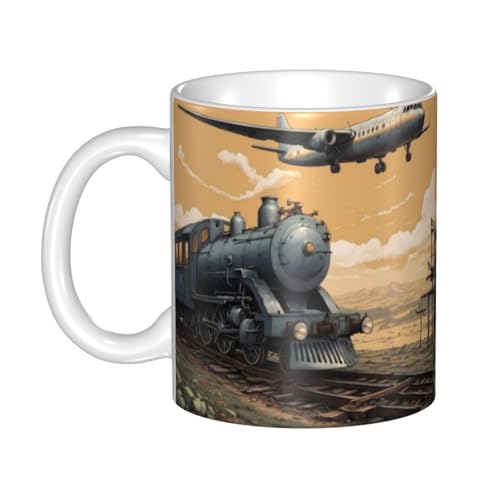 WHJDPP Keramiktasse mit Flugzeug über dem Zug, für Cappuccino, Latte, Müsli, Joghurt, Milch, heiße oder kalte Getränke, Mikrowellenofen von WHJDPP