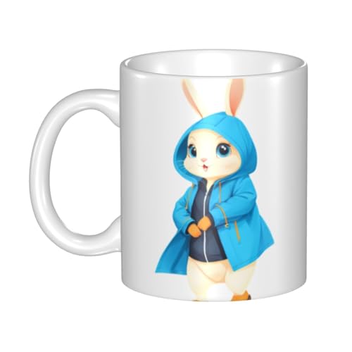 WHJDPP Keramiktasse mit Häschen im blauen Regenmantel, für Cappuccino, Latte, Müsli, Joghurt, Milch, heiße oder kalte Getränke, Mikrowellenofen von WHJDPP