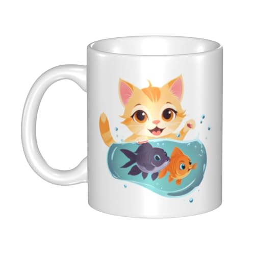 WHJDPP Keramiktasse mit Kätzchen-Motiv "stehlendes Fisch", für Cappuccino, Latte, Müsli, Joghurt, Milch, heiße oder kalte Getränke, Mikrowellenofen von WHJDPP