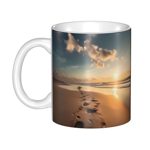 WHJDPP Keramiktasse mit Motiv "Fußabdrücke am Strand" für Cappuccino, Latte, Müsli, Joghurt, Milch, heiße oder kalte Getränke, Mikrowellenofen von WHJDPP