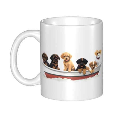 WHJDPP Keramiktasse mit einer Gruppe von Welpen auf einem Boot, für Cappuccino, Latte, Müsli, Joghurt, Milch, heiße oder kalte Getränke, Mikrowellenofen von WHJDPP