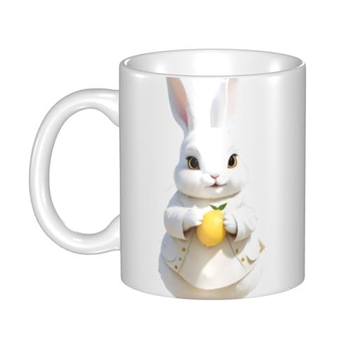 WHJDPP Keramiktasse mit kleinem weißen Hasen mit Zitrone, für Cappuccino, Latte, Müsli, Joghurt, Milch, heiße oder kalte Getränke, Mikrowellenofen von WHJDPP
