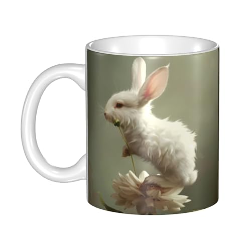 WHJDPP Keramiktasse mit kleinem weißen Kaninchen auf Blumen, für Cappuccino, Latte, Müsli, Joghurt, Milch, heiße oder kalte Getränke, Mikrowellenofen von WHJDPP