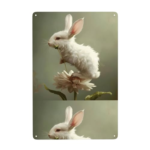 WHJDPP Kleines weißes Kaninchen auf Blumen, dekoratives Gemälde, 20,3 x 30,5 cm, aus Weißblech, verschleißfest und langlebig von WHJDPP