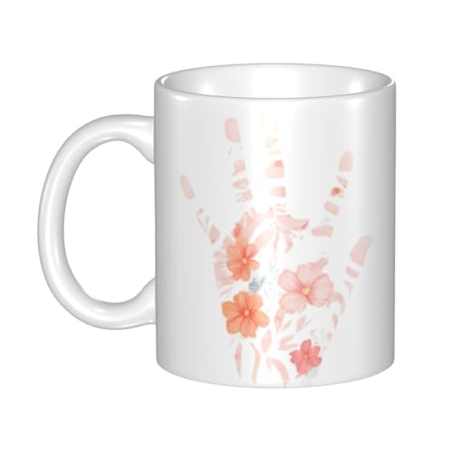 WHJDPP Schöne Keramiktasse mit floralem Handabdruck, für Cappuccino, Latte, Müsli, Joghurt, Milch, heiße oder kalte Getränke, Mikrowellenofen von WHJDPP