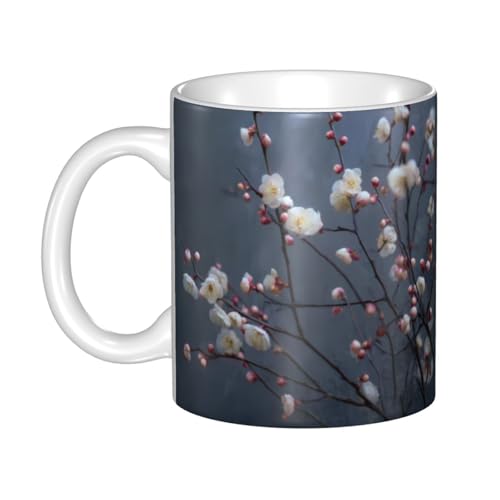 WHJDPP Wunderschöne Keramiktasse mit Pflaumenblütenzweigen, für Cappuccino, Latte, Müsli, Joghurt, Milch, heiße oder kalte Getränke, Mikrowellenofen von WHJDPP
