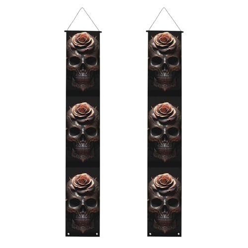 WHJSHOP Banner mit schwarzem Totenkopf-Rosen-Druck, robust, langlebig, waschbar und wiederverwendbar, Abschlussdekoration, 30,5 x 180 cm von WHJSHOP