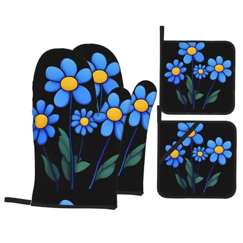 WHJSHOP Drei kleine blaue Blumen Drucke Küche Backset mit 4 Stück – isolierter Ofenhandschuh und Topflappen, Verbrühungsschutz und Wärmeisolierung von WHJSHOP