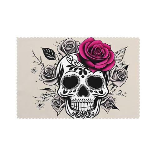 WHJSHOP Sugar Horror Skull Flowers Rose Prints Tischsets Set von 6 – dicke, stabile und personalisierte Esstischdekoration von WHJSHOP