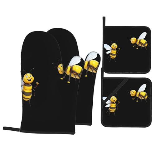 WHJSHOP Two Little Bees Summing Prints Küche Backset mit 4 Stück – isolierter Ofenhandschuh und Topflappen, Verbrühungsschutz und Wärmeisolierung von WHJSHOP