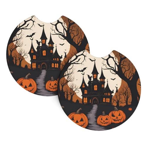 Auto-Untersetzer, 2 Stück, WHJSSF Gothic, "Happy Halloween", strapazierfähig, Chloropren-Kautschuk, wasserdicht, schnell trocknend, geruchloser Getränkehalter-Schutz von WHJSSF