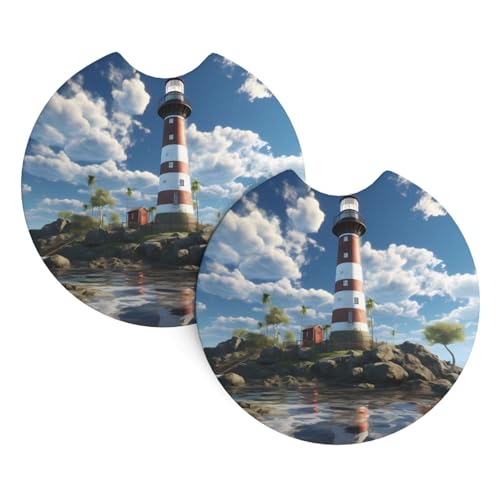 Auto-Untersetzer, 2 Stück, WHJSSF Leuchtturm-Hintergrund, bedruckt, langlebig, Chloropren-Kautschuk, wasserdicht, schnell trocknend, geruchloser Getränkehalter-Schutz von WHJSSF