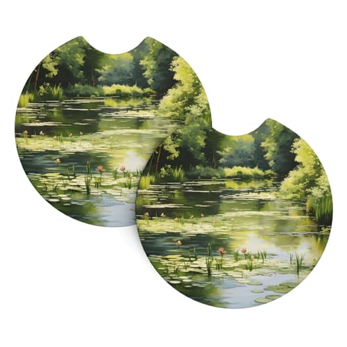 Auto-Untersetzer, 2 Stück, WHJSSF Seerosen im Teich, bedruckt, langlebig, Chloropren-Kautschuk, wasserdicht, schnell trocknend, geruchloser Getränkehalter-Schutz von WHJSSF