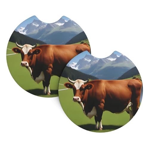 Auto-Untersetzer, 2 Stück, WHJSSF echte Schweizer Kuh, brauner Druck, langlebiger Chloropren-Kautschuk, wasserdicht, schnell trocknend, geruchloser Getränkehalter-Schutz von WHJSSF