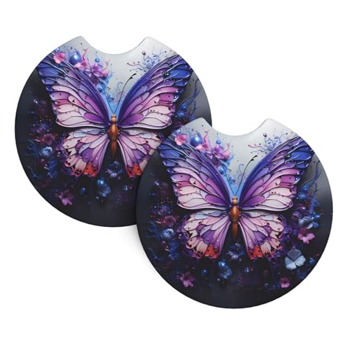 Auto-Untersetzer, 2 Stück, WHJSSF mit violetten Schmetterlingen, Blumen, bedruckt, strapazierfähiges Chloropren-Kautschuk, wasserdicht, schnell trocknend, geruchloser Getränkehalter-Schutz Auto-Untersetzer, 2 Stück, WHJSSF mit violetten Schmetterlingen, Blumen, bedruckt, strapazierfähiges Chloropren-Kautschuk, wasserdicht, schnell trocknend, geruchloser Getränkehalter-Schutz von WHJSSF