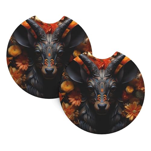 Auto-Untersetzer, 2 Stück, WHJSSF schwarze Antilope mit Blumen, bedruckt, strapazierfähiges Chloropren-Kautschuk, wasserdicht, schnell trocknend, geruchlose Becherhalter-Protektoren von WHJSSF