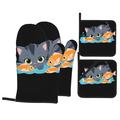 WHJSSF 4-teiliges Küchen-Backset mit Kätzchen, das Fische liebt, enthält 2 isolierte Handschuhe und 2 Topfdeckel-Pads mit Taschen, verbrühungsschutz und wärmeisolierend WHJSSF 4-teiliges Küchen-Backset mit Kätzchen, das Fische liebt, enthält 2 isolierte Handschuhe und 2 Topfdeckel-Pads mit Taschen, verbrühungsschutz und wärmeisolierend von WHJSSF