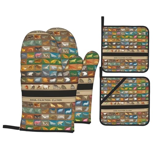 WHJSSF Animal Collection Chart Prints Ofenhandschuhe und Topflappen, Set mit 4 Stück, für Ofen, Mikrowelle und Grillen im Freien WHJSSF Animal Collection Chart Prints Ofenhandschuhe und Topflappen, Set mit 4 Stück, für Ofen, Mikrowelle und Grillen im Freien von WHJSSF