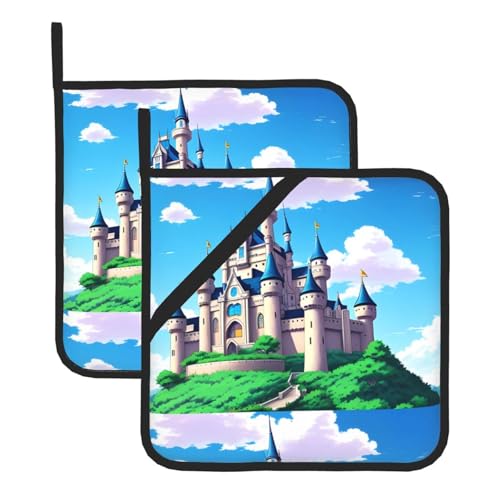 WHJSSF Anime Castle Sky Prints Quadratische isolierte Topfmatte, 2-teilig, dick, langlebig, für Wärmeisolierung für Mikrowelle, Backofen und Grillen im Freien von WHJSSF