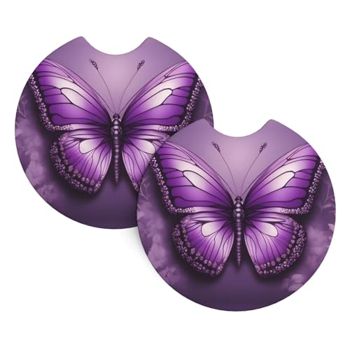 WHJSSF Auto-Untersetzer, wunderschöner violetter Schmetterling, Kunstdruck, strapazierfähiges Chloropren-Kautschuk, wasserdicht, schnell trocknend, geruchlose Becherhalter-Protektoren, 2 Stück von WHJSSF