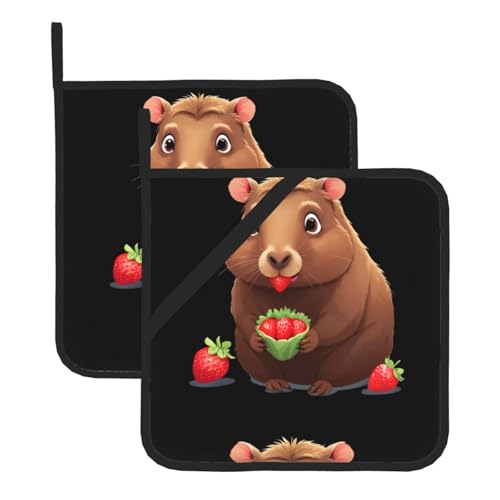 WHJSSF Capybara Essende Erdbeeren Drucke, quadratisch, isoliert, Topfmatte, 2-teilig, dick, langlebig, für Wärmeisolierung für Mikrowelle, Backofen und Grillen im Freien von WHJSSF