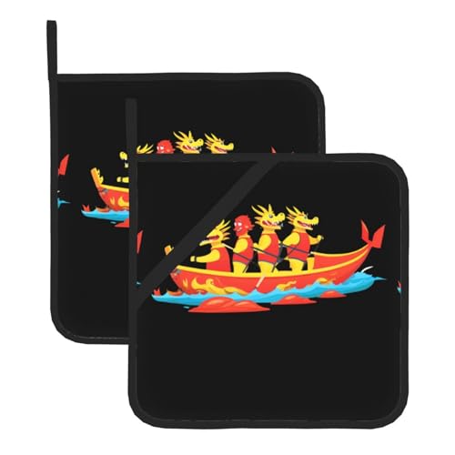 WHJSSF Chili Boat Dragon Boat Race Prints Quadratische isolierte Topfmatte 2-teilig dick langlebig für Wärmeisolierung für Mikrowelle, Backofen und Grillen im Freien von WHJSSF