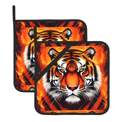 WHJSSF Coole Tiger in Flamme Drucke, quadratische Isoliermatte, 2 Stück, dick und langlebig, mit Umhängeband, für Mikrowelle, Backofen, Grillen im Freien von WHJSSF