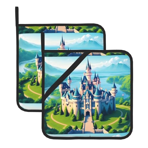 WHJSSF Dream Castle Prints Quadratische Isolier-Topfmatte, 2 Stück, dick und langlebig, mit Umhängeband, für Mikrowelle, Backofen, Grillen im Freien von WHJSSF
