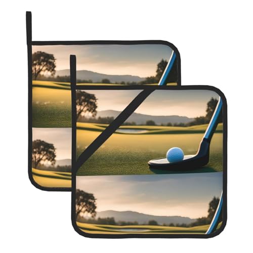WHJSSF Golf on the Lawn Prints Quadratische isolierte Topfmatte, 2-teilig, dick, langlebig, für Wärmeisolierung für Mikrowelle, Backofen und Grillen im Freien von WHJSSF
