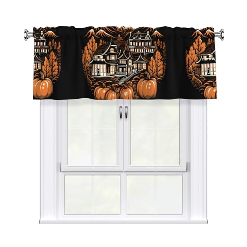 WHJSSF Halloween Village Druckvorhang mit kurzer Stange, 137,2 x 45,7 cm, für Küche, Bad, Waschküche und Studio-Fenster, mit Lichtfilterung von WHJSSF
