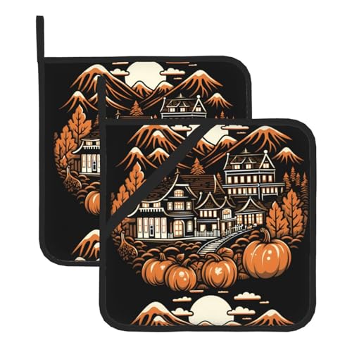 WHJSSF Halloween Village Prints Quadratische isolierte Topfmatte, 2-teilig, dick, langlebig, für Wärmeisolierung für Mikrowelle, Backofen und Grillen im Freien von WHJSSF