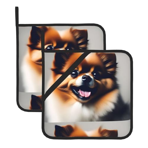 WHJSSF Happy kurzhaarige Pomeranian Prints Quadratische isolierte Topfmatte 2-teilig dick langlebig für Wärmeisolierung für Mikrowelle, Backofen und Grillen im Freien von WHJSSF