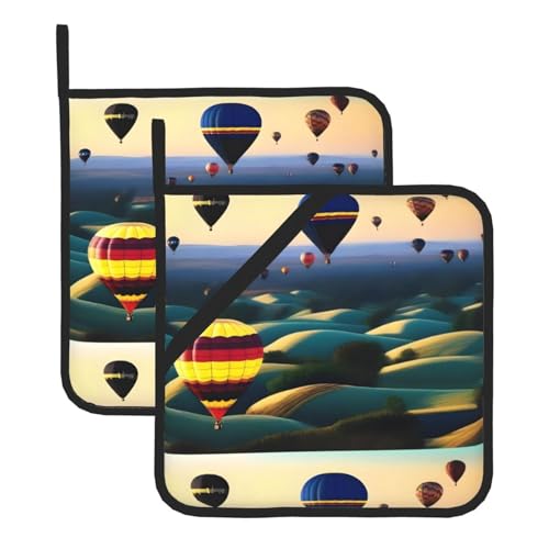 WHJSSF Heißluftballon-Drucke, quadratisch, isoliert, Topfmatte, 2-teilig, dick, langlebig, für Wärmeisolierung für Mikrowelle, Backofen und Grillen im Freien von WHJSSF