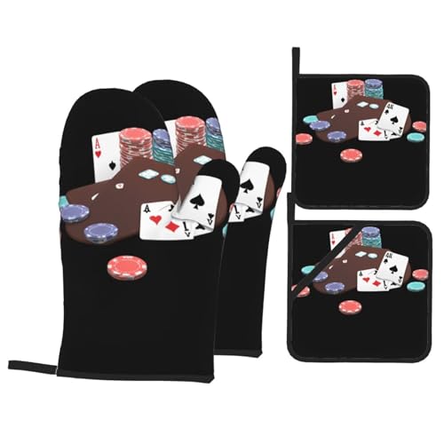 WHJSSF Lustige Ofenhandschuhe und Topflappen, Motiv: Poker-Illustration, 4 Stück, für Ofen, Mikrowelle und Grillen im Freien von WHJSSF