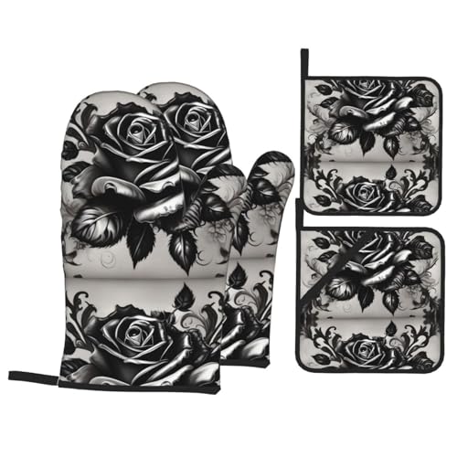 WHJSSF Ofenhandschuhe und Topflappen, Gothic-Rosenmuster, 4 Stück, für Ofen, Mikrowelle und Grillen im Freien WHJSSF Ofenhandschuhe und Topflappen, Gothic-Rosenmuster, 4 Stück, für Ofen, Mikrowelle und Grillen im Freien von WHJSSF