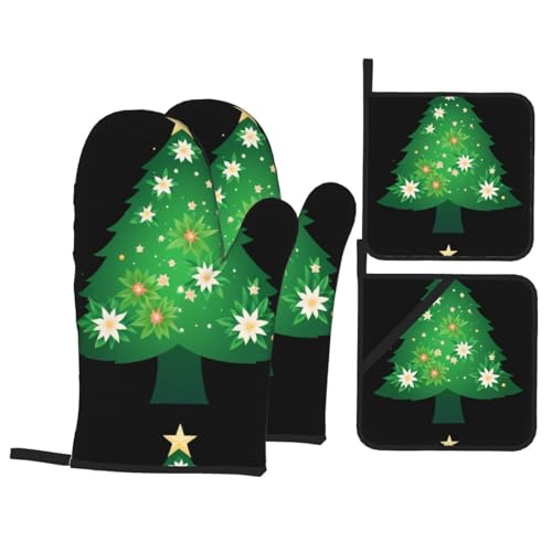 WHJSSF Ofenhandschuhe und Topflappen, Motiv Weihnachtsbaum in den verträumten Blumen, 4 Stück, für Ofen, Mikrowelle und Grillen im Freien von WHJSSF