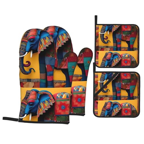 WHJSSF Ofenhandschuhe und Topflappen, Motiv: afrikanischer Elefant, Patchwork-Druck, 4 Stück, für Ofen, Mikrowelle und Grillen im Freien WHJSSF Ofenhandschuhe und Topflappen, Motiv: afrikanischer Elefant, Patchwork-Druck, 4 Stück, für Ofen, Mikrowelle und Grillen im Freien von WHJSSF