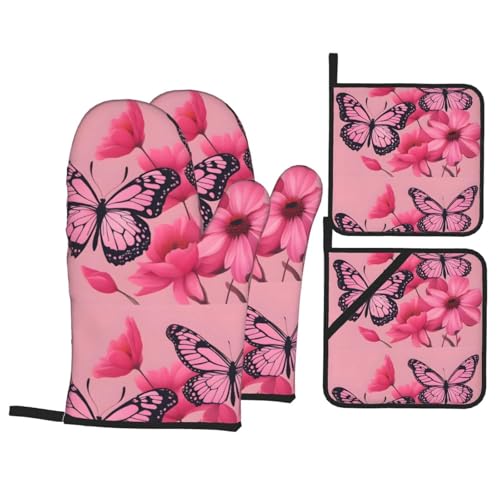 WHJSSF Ofenhandschuhe und Topflappen, Motiv: rosa Blumen, Schmetterlinge, 4 Stück, für Ofen, Mikrowelle und Grillen im Freien WHJSSF Ofenhandschuhe und Topflappen, Motiv: rosa Blumen, Schmetterlinge, 4 Stück, für Ofen, Mikrowelle und Grillen im Freien von WHJSSF