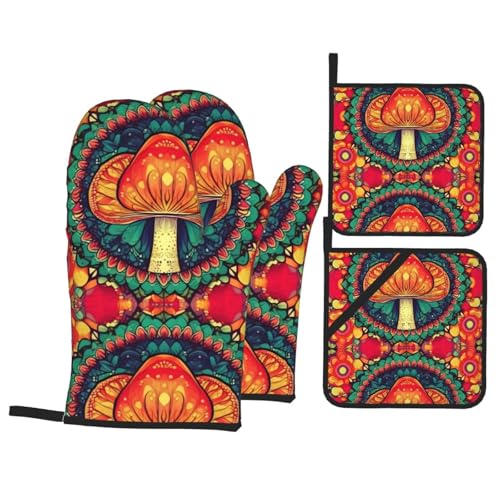 WHJSSF Ofenhandschuhe und Topflappen mit abstraktem Pilz, buntes Mandala-Druck, 4 Stück, für Ofen, Mikrowelle und Grillen im Freien WHJSSF Ofenhandschuhe und Topflappen mit abstraktem Pilz, buntes Mandala-Druck, 4 Stück, für Ofen, Mikrowelle und Grillen im Freien von WHJSSF