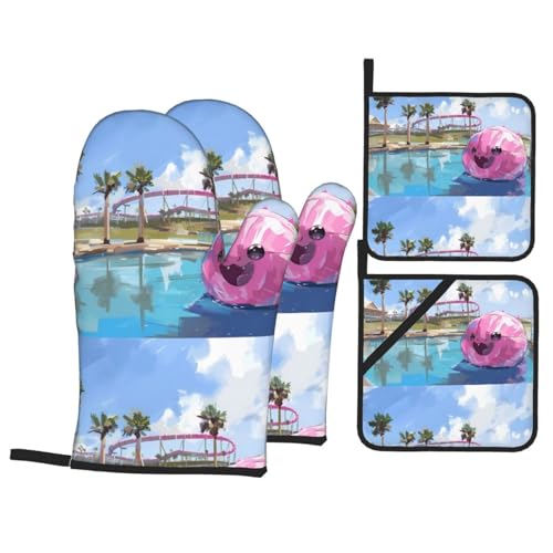 WHJSSF Pool-Spaß Ofenhandschuhe und Topflappen, Set mit 4 Stück, für Ofen, Mikrowelle und Grillen im Freien von WHJSSF